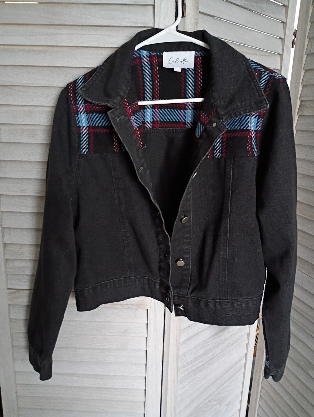 Calista Boutique Brand Size Medium Black Plaid Denim Jacket Womens